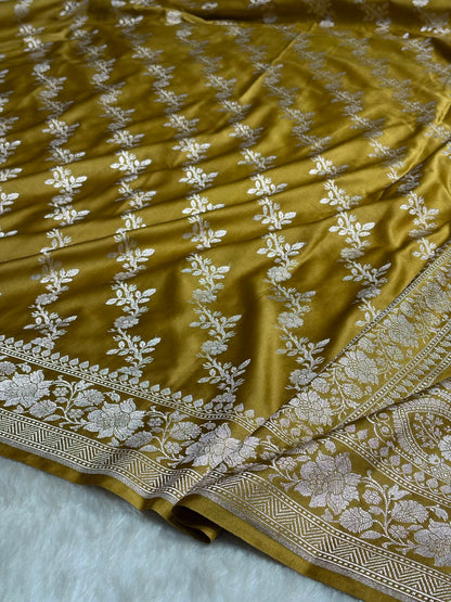 Dusty Mustard Shades Banarasi Cross Jaal Mashru Silk Saree MS18