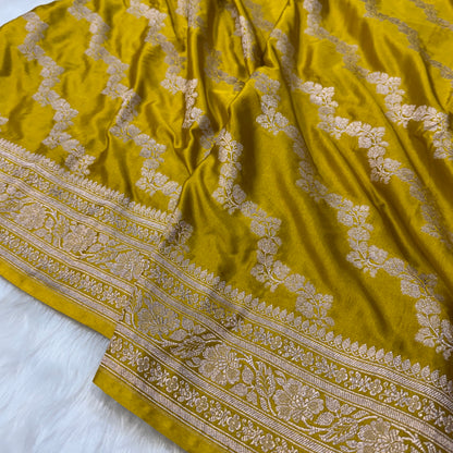 Mustard Yellow Mashru Silk Saree With Cross Pattern