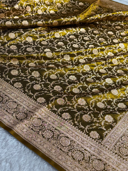 Ultra Light Weight Satin Silk Jaal in Mehendi Shades SS13