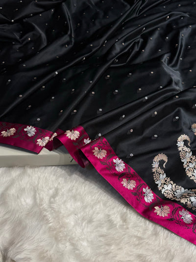 Contrast Black With Rani Floral Boota With Floral Border Mashru Silk Saree MSM-78