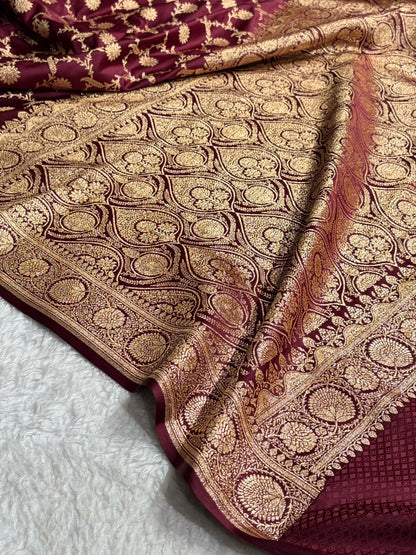 Banarasi Satin Katan Saree With Jaal Pattern in Chocolate Shades SK123