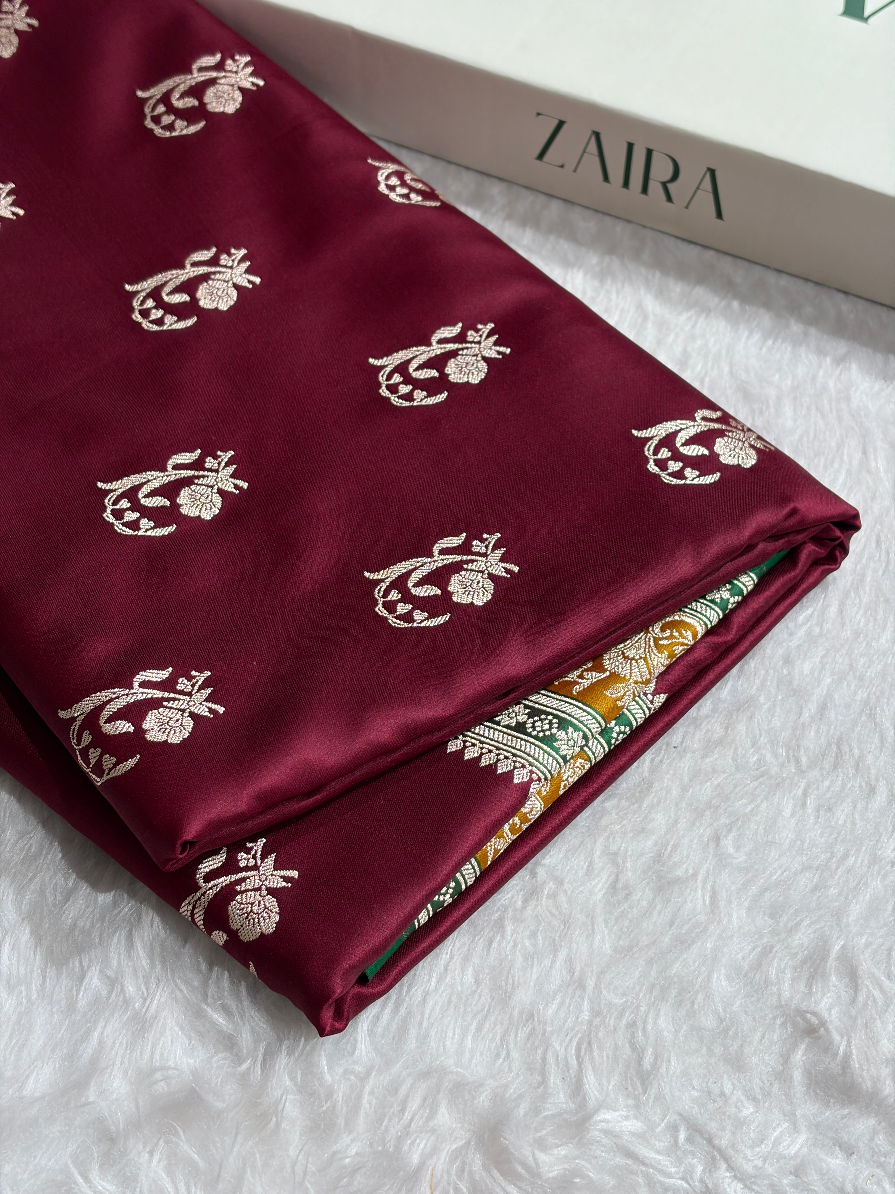 Banarasi Chocolate With Contrast Mustard Floral Border Mashru Silk Saree MSM-100