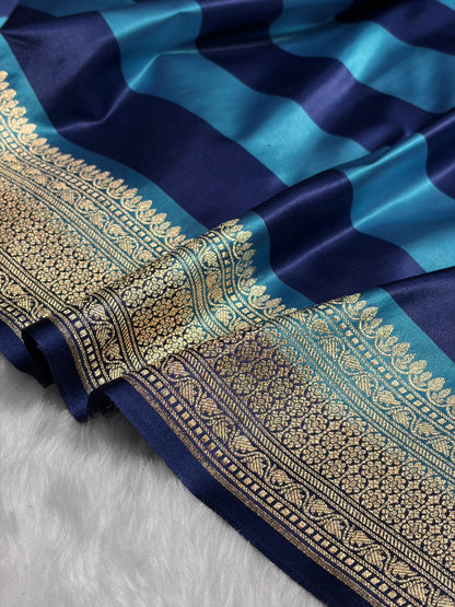 Sky Blue With German Blue Horizontal Strips Floral Border & Brocket Blouse Mashru Silk Saree MSM-84