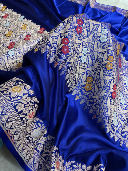 Royal Blue Shades Banarasi Minakari Boota Skirt Pattern Floral Mashru Silk Saree MSM-116