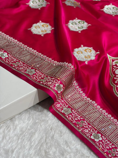 Premium Banarasi Satin Katan Saree Swarovski Work Minakari Booti Pattern in Rani Shades BSK04