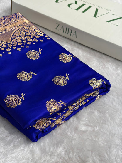 Banarasi Satin Katan Saree With Boota in Royal Blue Shades SK111