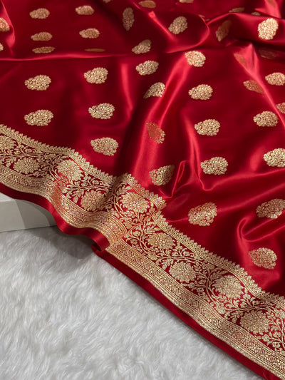 Banarasi Satin Katan Saree With Boota in Maroon Shades SK109