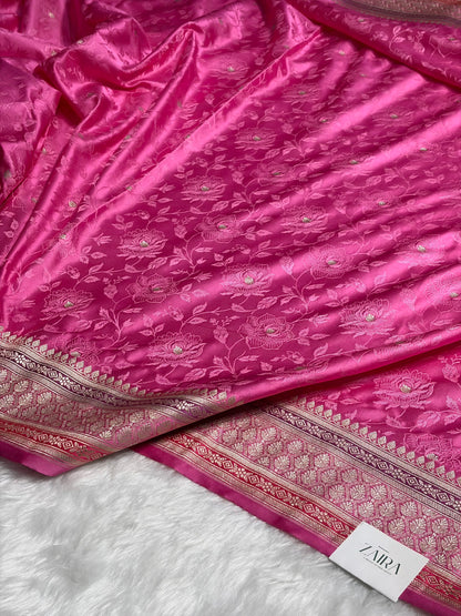 Baby Pink Shades Minakari Tanchoi Floral Booti Mashru Silk Saree MS59
