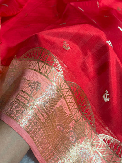 Banarasi Red With Peach Contrast Shade Flower Boota Pure Caramel Mango Silk Saree CS-18