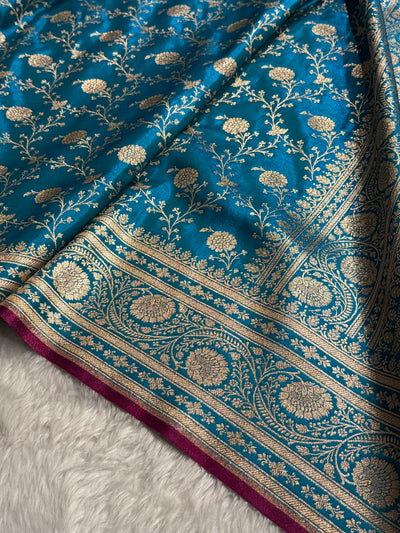 Firozi Shades Jaal Pattern Banarasi Satin Silk Saree SS55