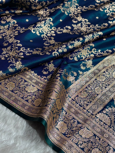 Peacock Shades Jaal Pattern Banarasi Satin Silk Saree SS48