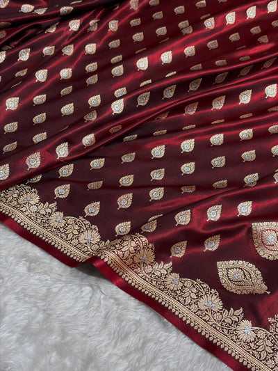 Banarasi Maroon Shades Minakari Booti Pattern Banarasi Satin Silk Saree SS60