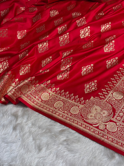 Red Floral Boota Satin Katan Silk saree SK35