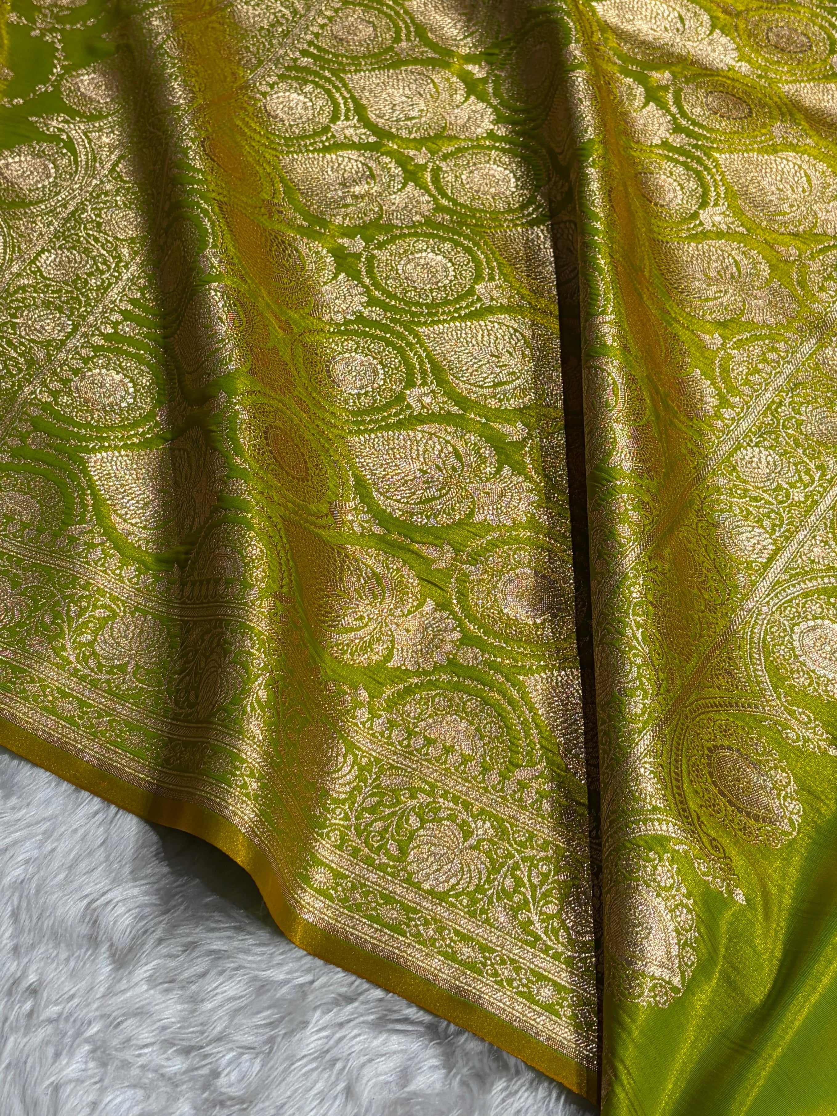 Banarasi Satin Silk Saree Jaal in Liril Green Shades SS23