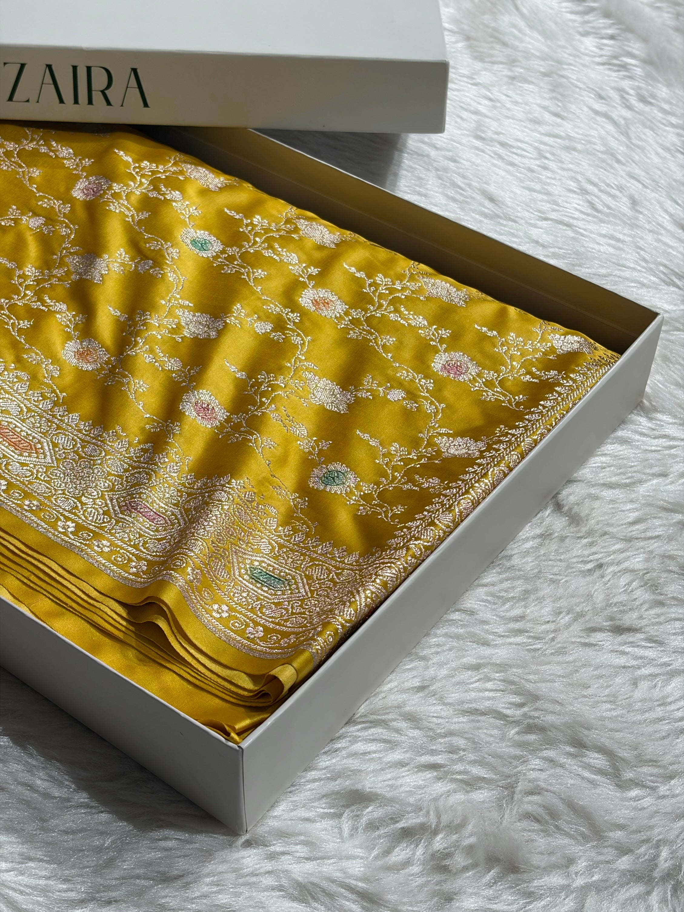 Banarasi Yellow Shades Minakari Floral Mashru Silk Saree MCS92