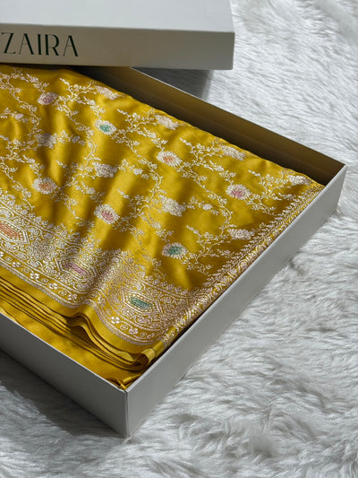 Banarasi Yellow Shades Minakari Floral Mashru Silk Saree MCS92