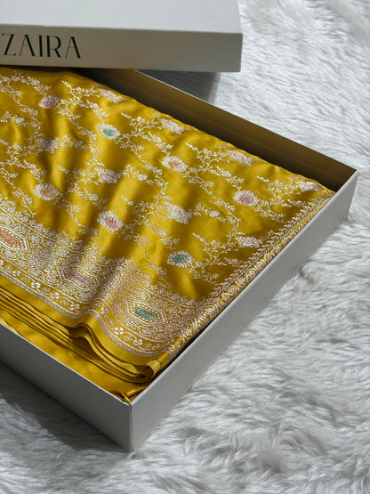 Banarasi Yellow Shades Minakari Floral Mashru Silk Saree MCS92