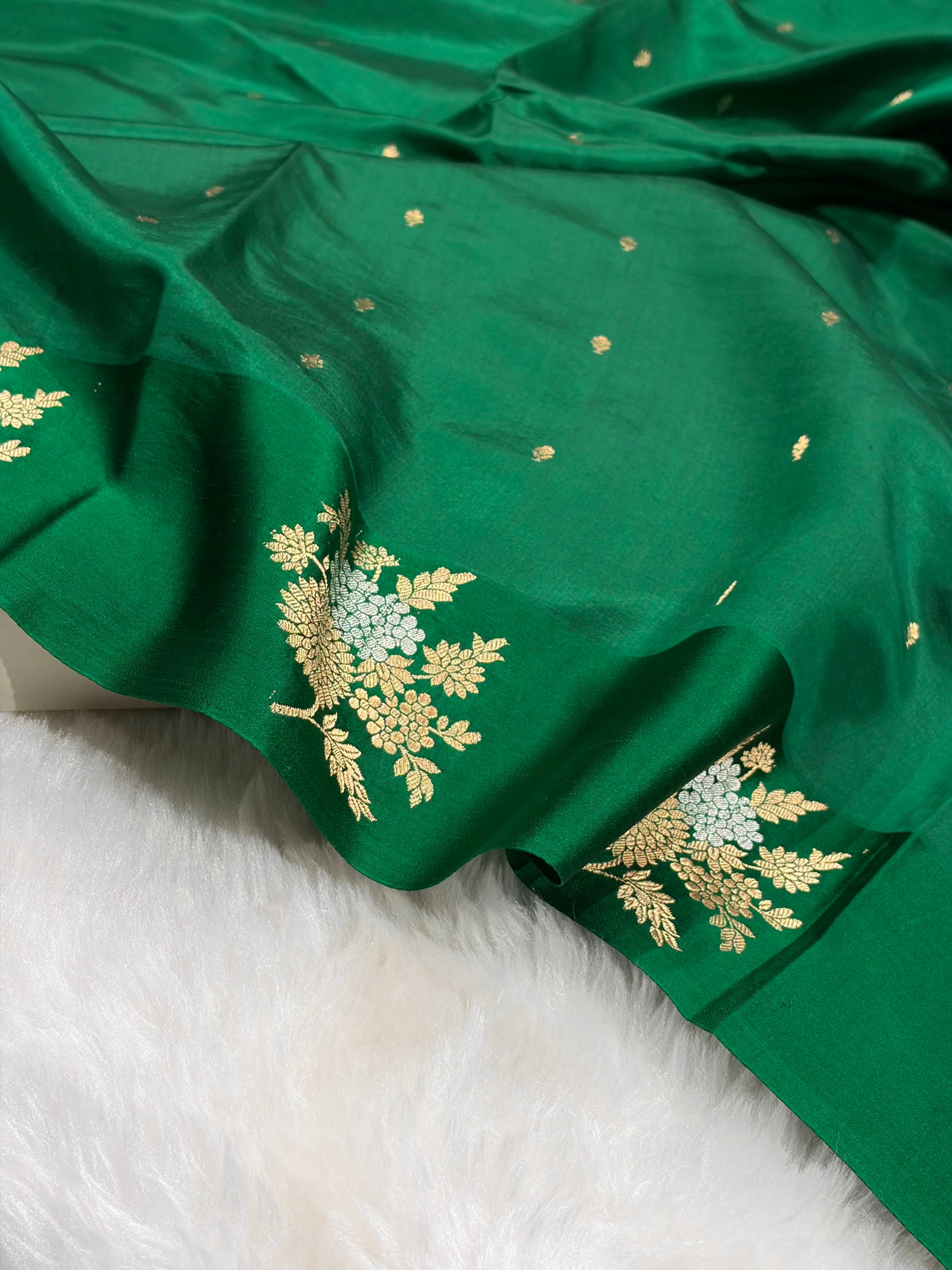 Banarasi Bottle Green Shades Meena Boota Handwoven Pure Paper Silk RM-72