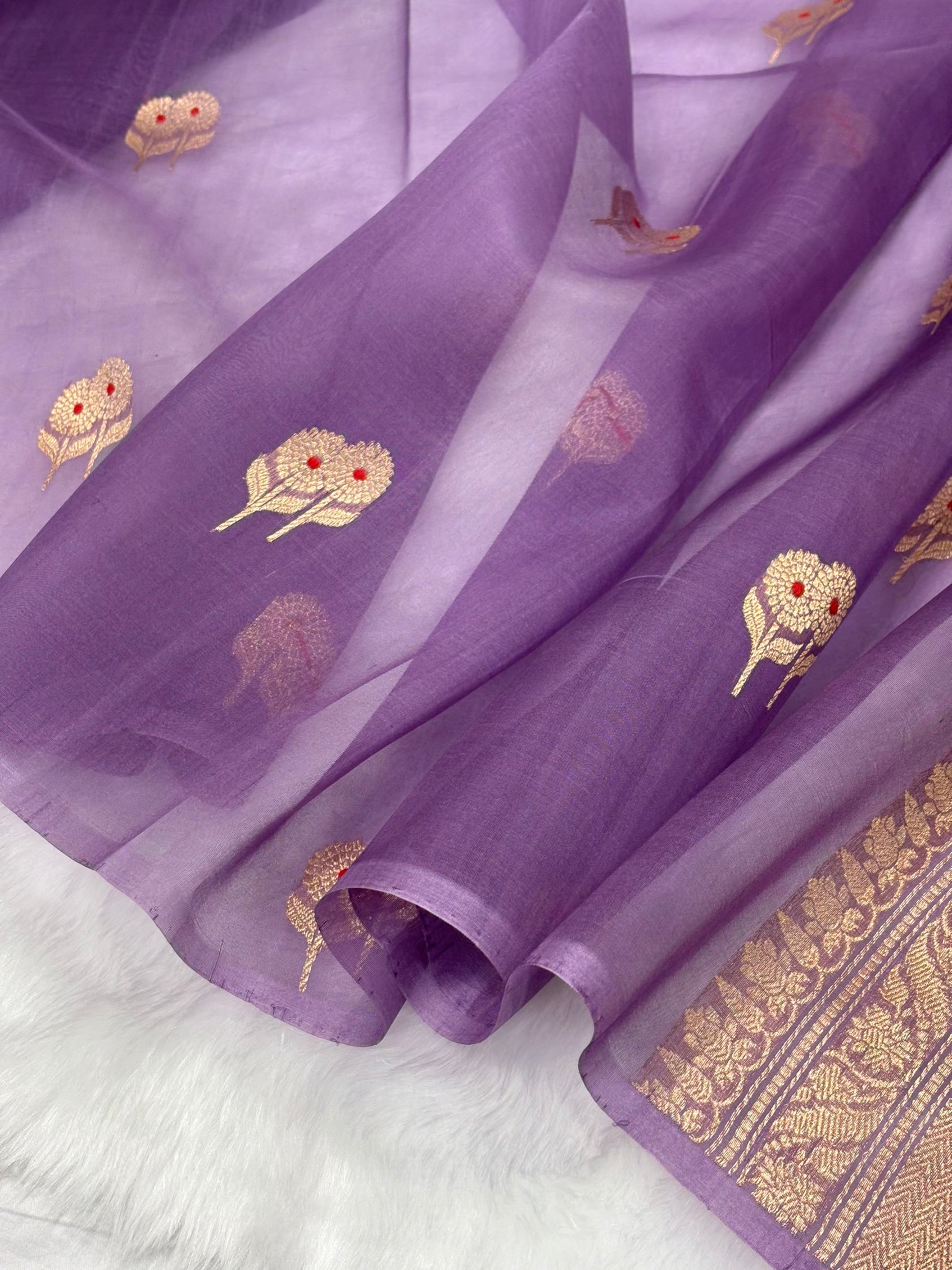Pure Organza Dusty Lavender Meena Floral Banarasi Silk Saree PO-05