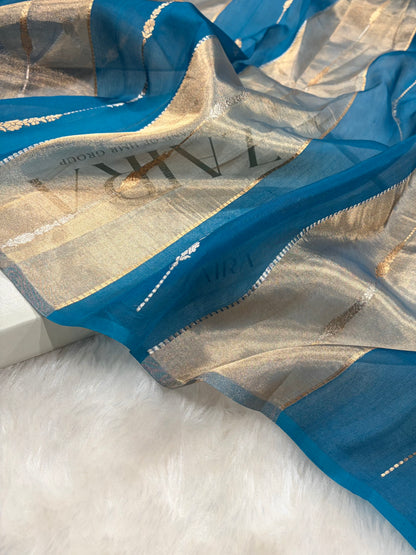 German Blue Tissue Organza Bananasi Floral Shades Pure Tissue Silk Saree PT-56