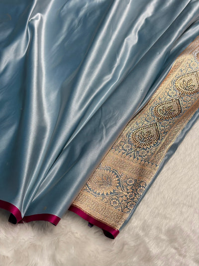 Sky Blue Swarovski Work Booti Satin Katan Silk Saree BSK10