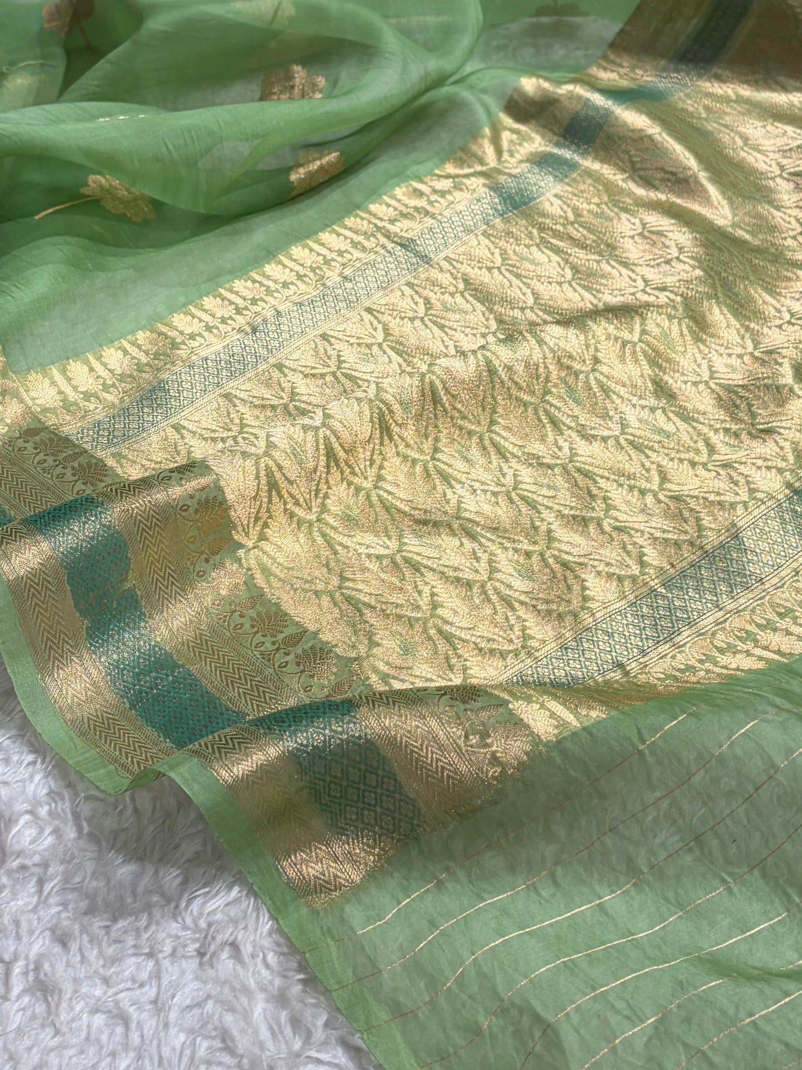 Banarasi Pure Organza Pista Green Shades With Minakari Boota Banarasi Silk Saree PO-36
