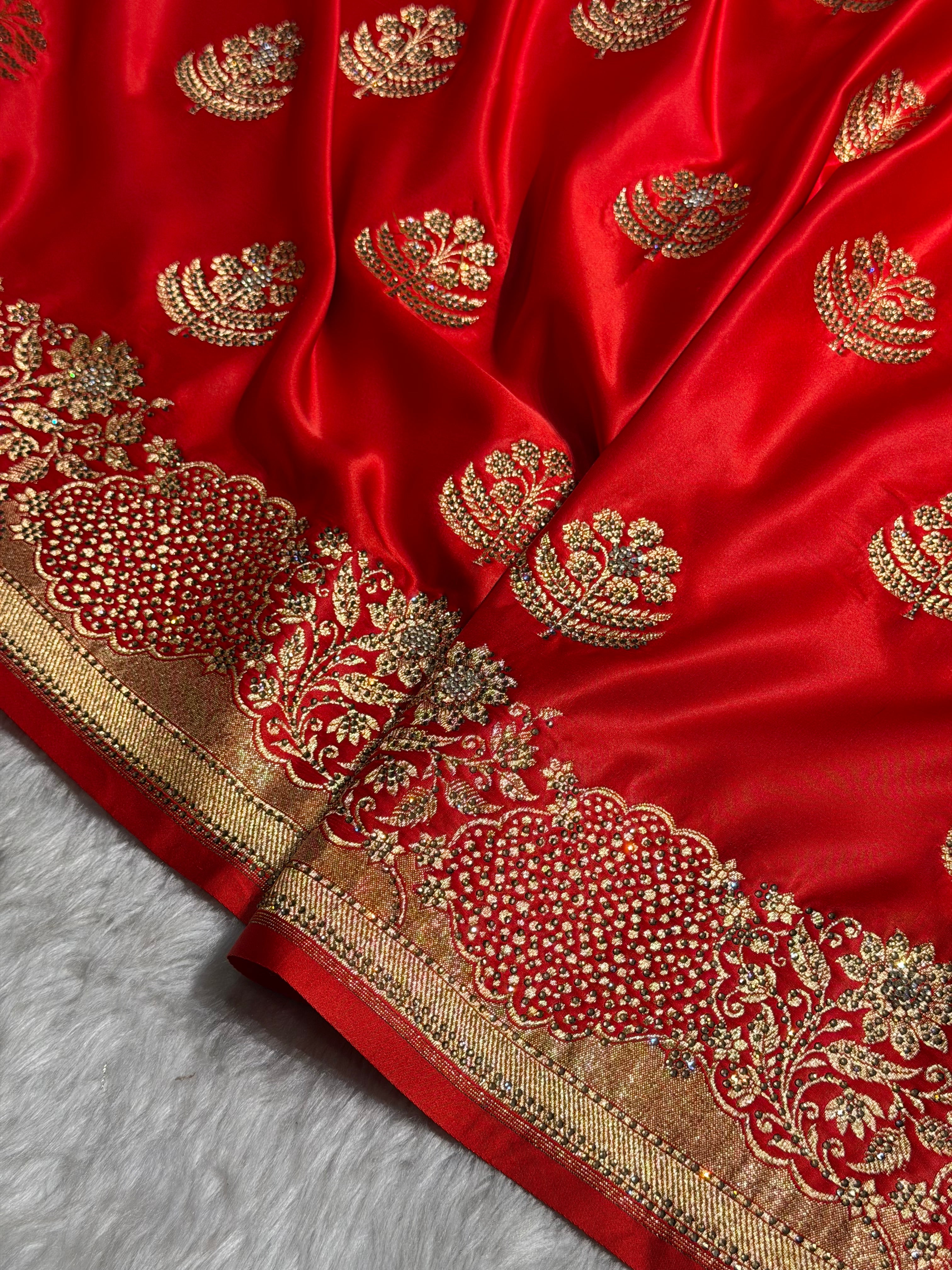 Bridal Red Unique Swarovski Stone Work Boota Pattern Satin Katan Silk Saree BSK70