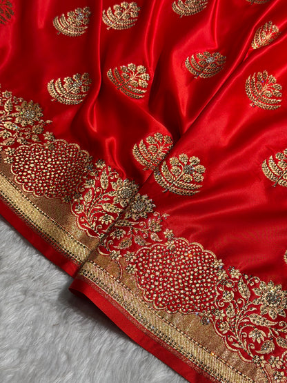 Bridal Red Unique Swarovski Stone Work Boota Pattern Satin Katan Silk Saree BSK70