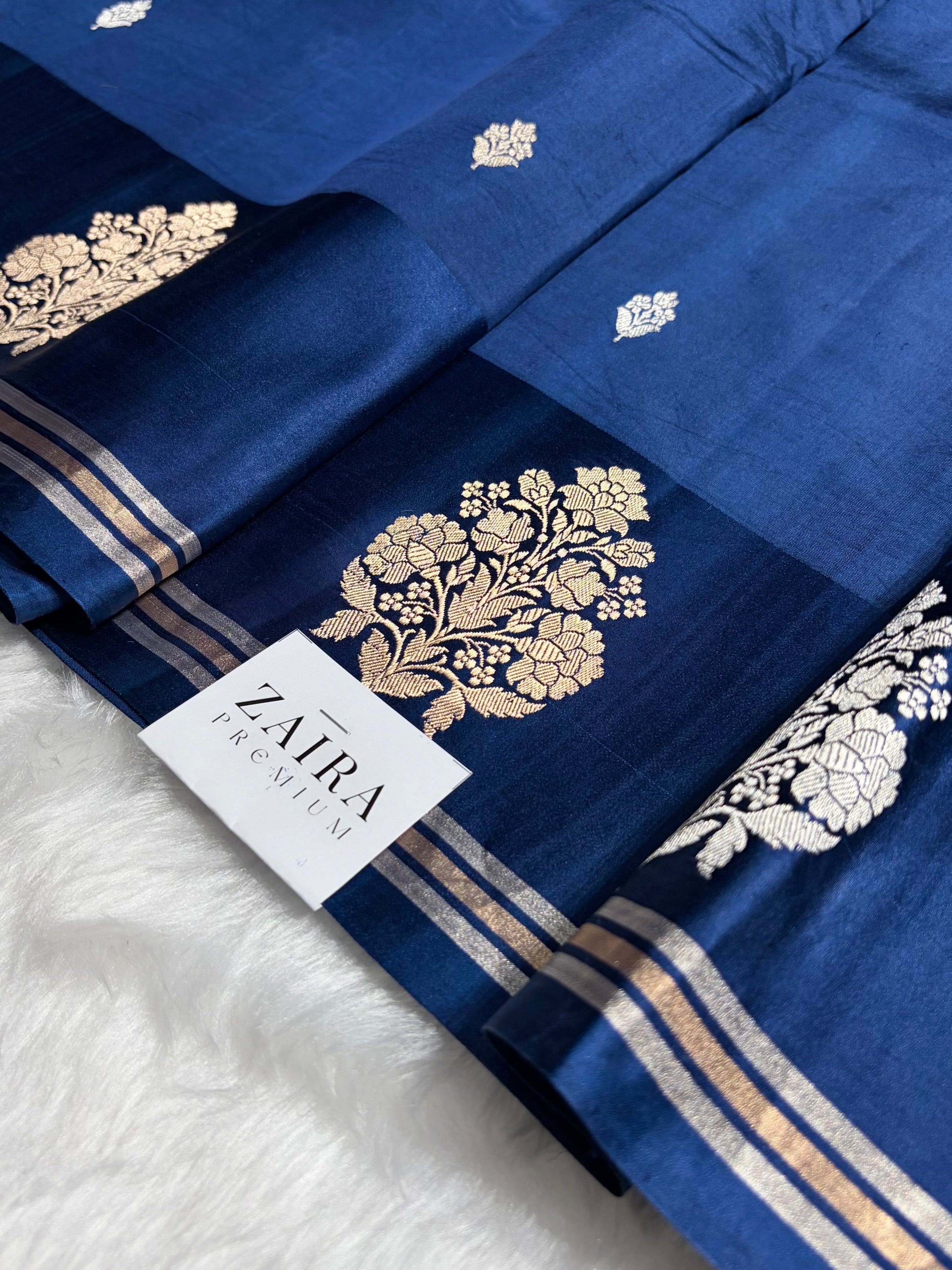 Royal Blue Shades Meena Boota Handwoven Pure Katan Raw Mango Silk RM-01