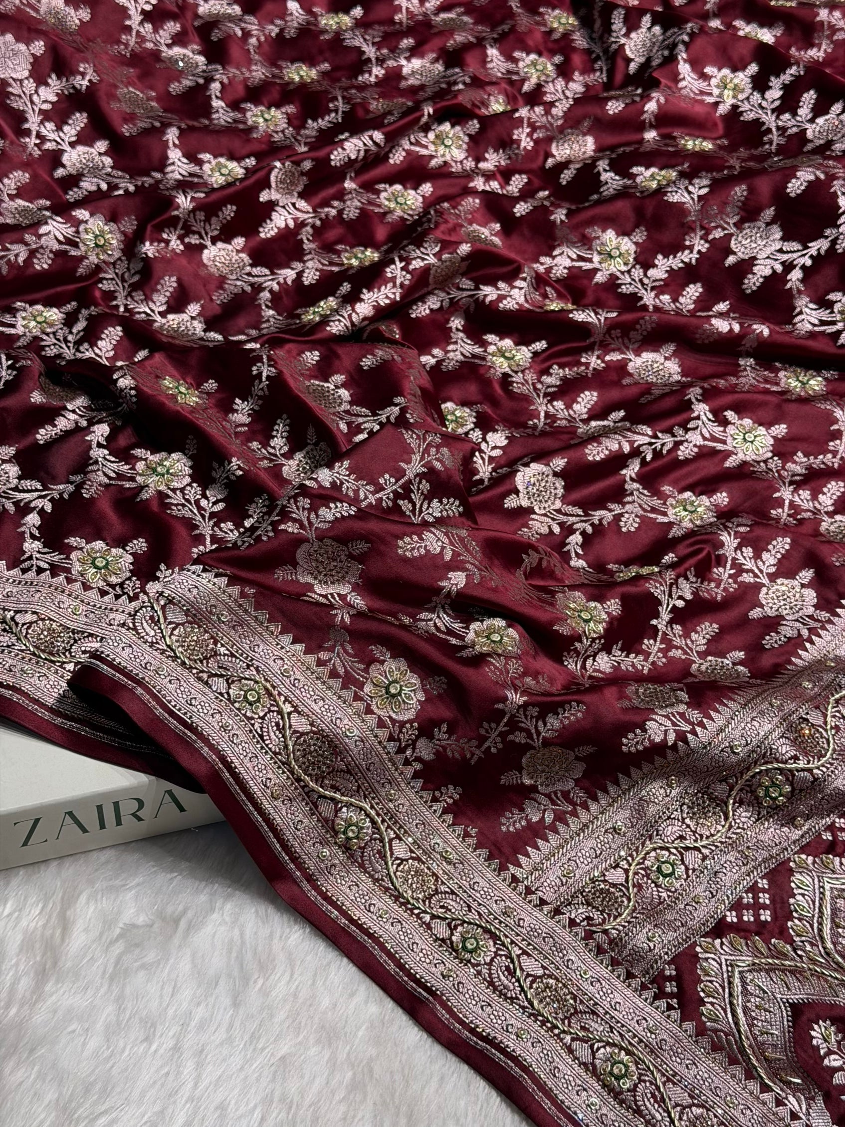 Dark Maroon Mashru Silk with Bananasi Ari and swarovski work BMS28