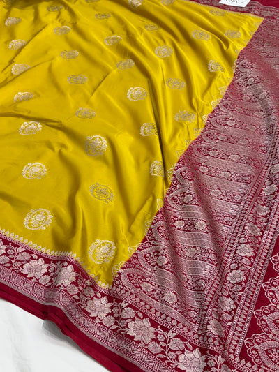 Mustard / Red Contrast Shade With Booti Pattern Mashru Silk Saree