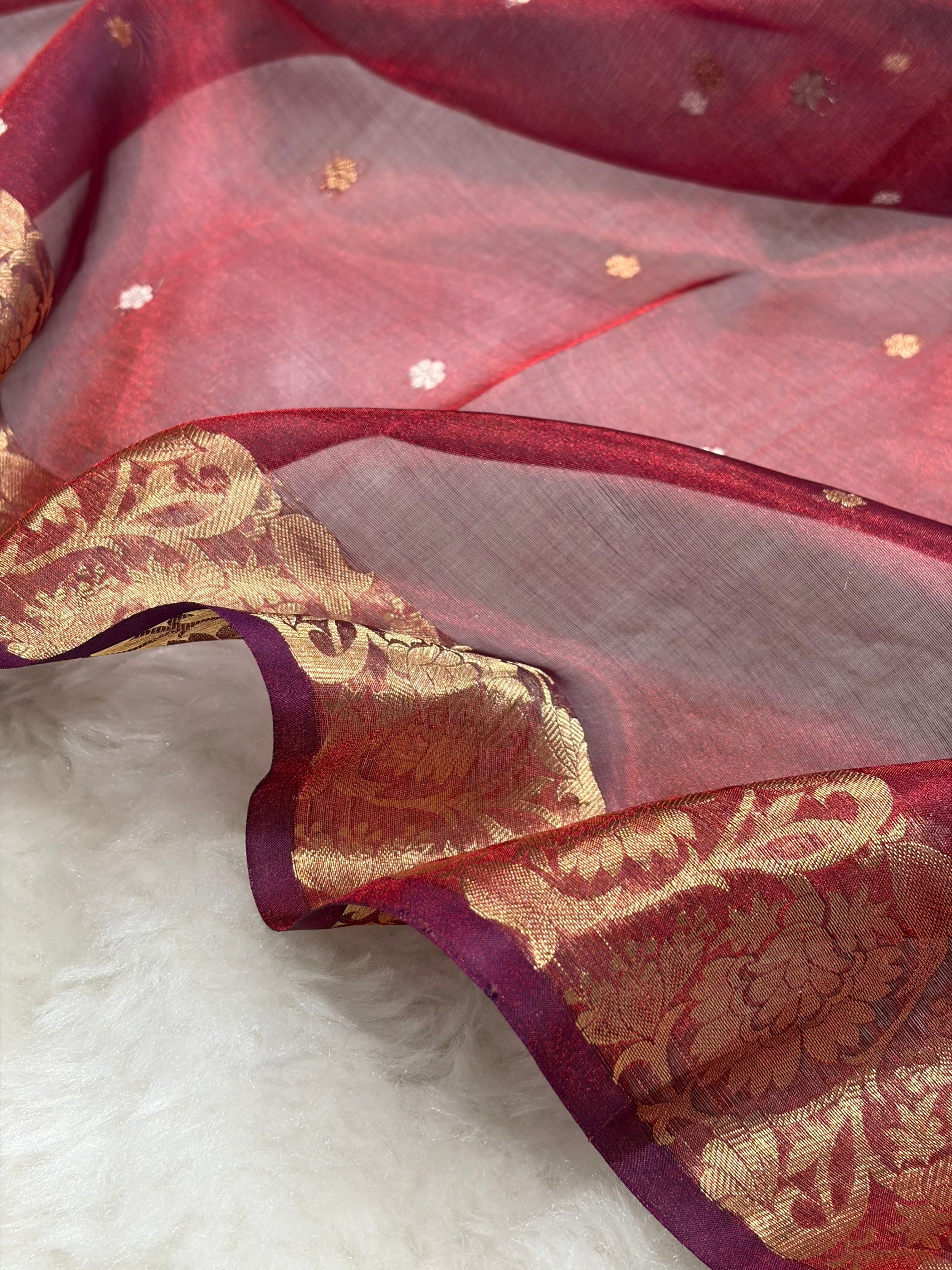 Maroon Bananasi Floral Shades Pure Tissue Silk Saree PT-42