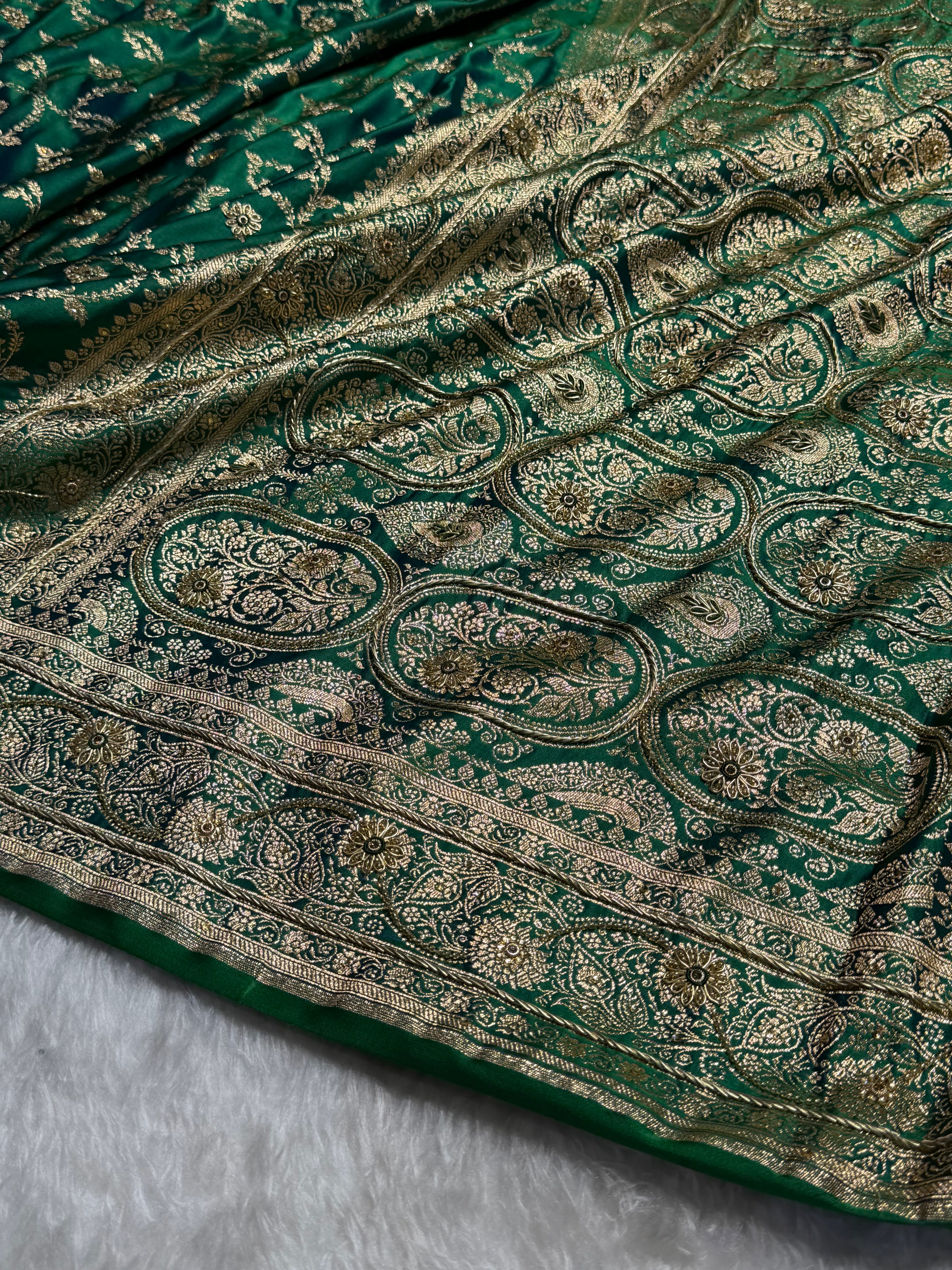 Banarasi Mehandi Booti Pattern With Swarovski Stone Work Satin Katan Silk Saree BSK55