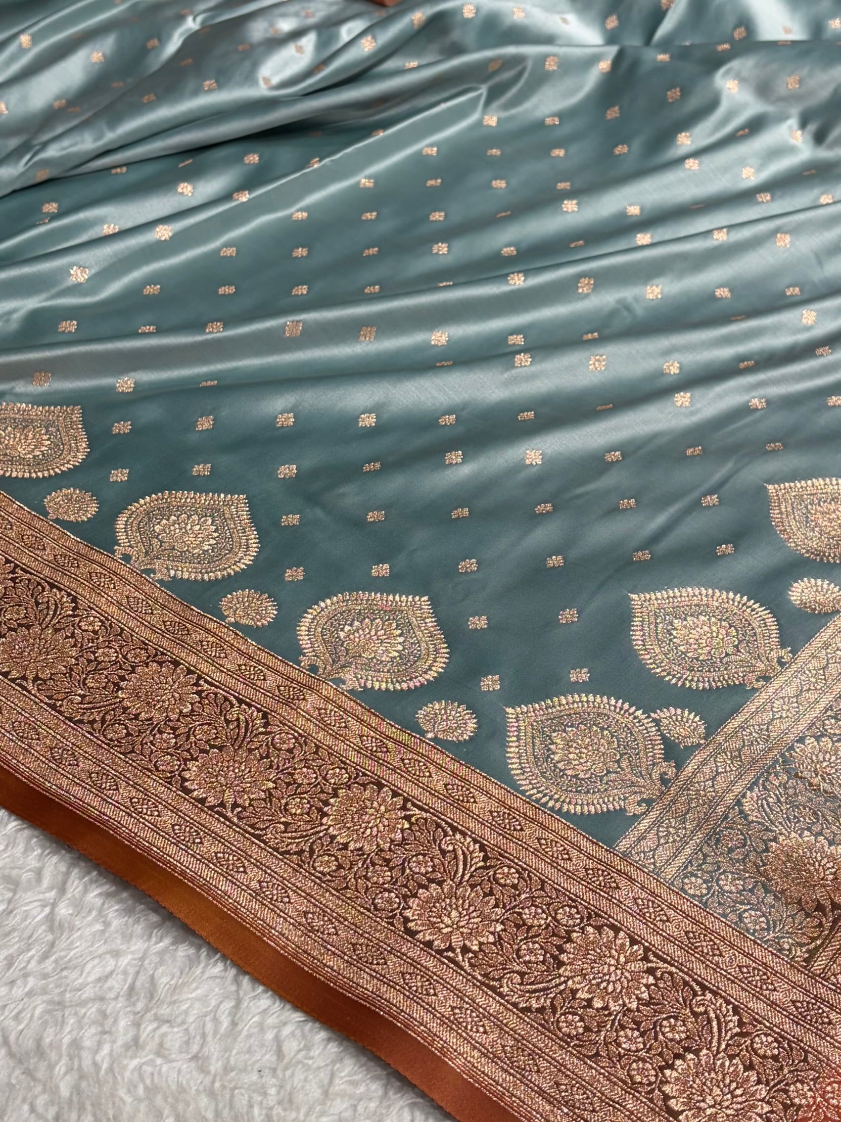 Sea Green with Peach Booti Satin Katan Silk saree SK29