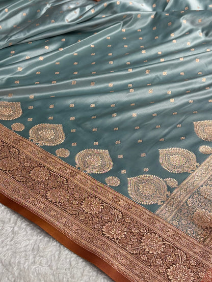 Sea Green with Peach Booti Satin Katan Silk saree SK29