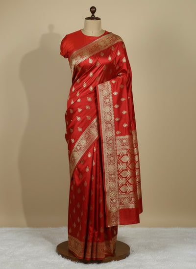 Banarasi Satin Katan Saree With Boota in Red Shades SK98
