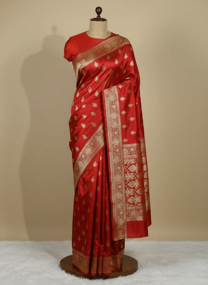 Banarasi Satin Katan Saree With Boota in Red Shades SK98