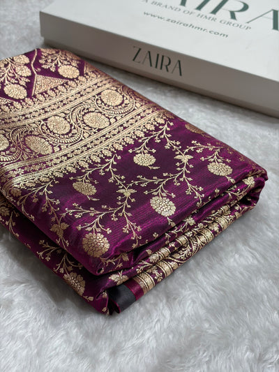 Wine Shades Jaal Pattern Banarasi Satin Silk Saree SS55