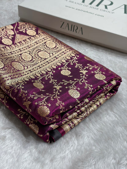 Wine Shades Jaal Pattern Banarasi Satin Silk Saree SS55