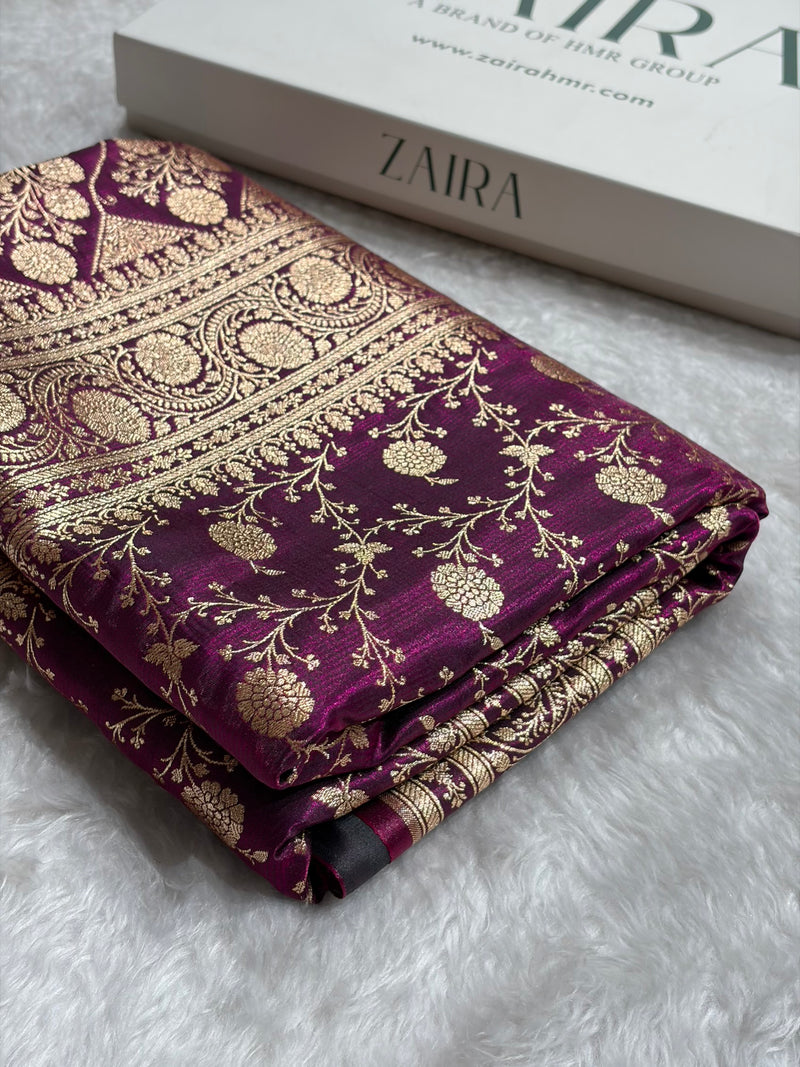 Wine Shades Jaal Pattern Banarasi Satin Silk Saree SS55