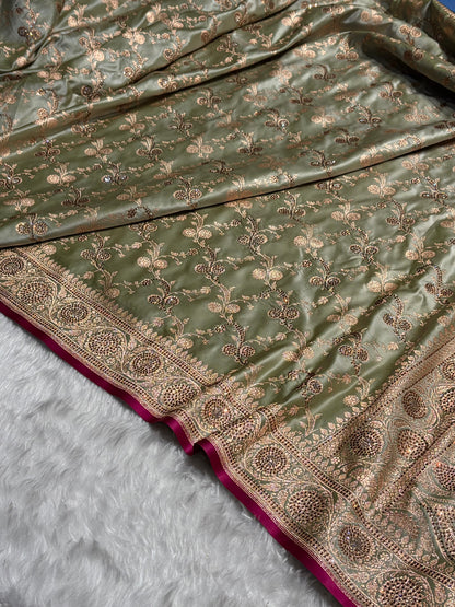 Pista Shades Cross With Swarovski Work Satin Katan Silk Saree BSK17