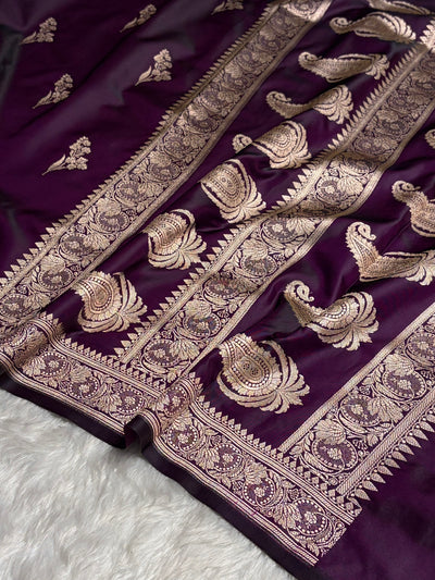 Cross Dark Wine Boota With Floral Border Mashru Silk Saree MSM-97