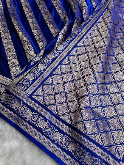 Royal Blue Shades Banarasi Cross Pattern Floral Mashru Silk Saree MSM-102