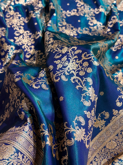 Peacock Shades Jaal Pattern Banarasi Satin Silk Saree SS48