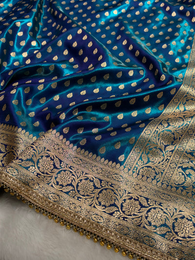 Peacock Teal Shades Satin Silk Banarasi Saree X Ghongroo SS01xG