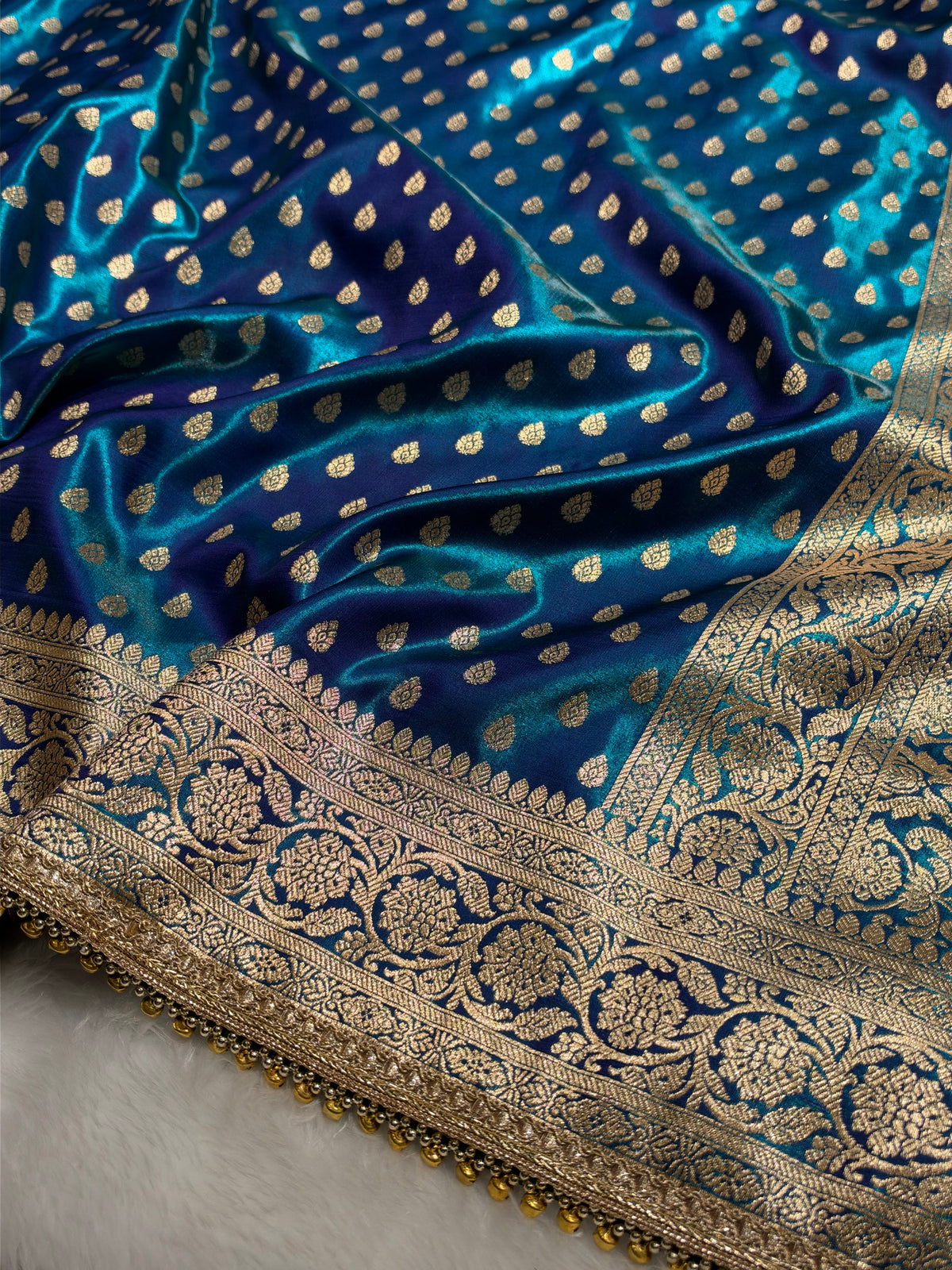 Peacock Teal Shades Satin Silk Banarasi Saree X Ghongroo SS01xG