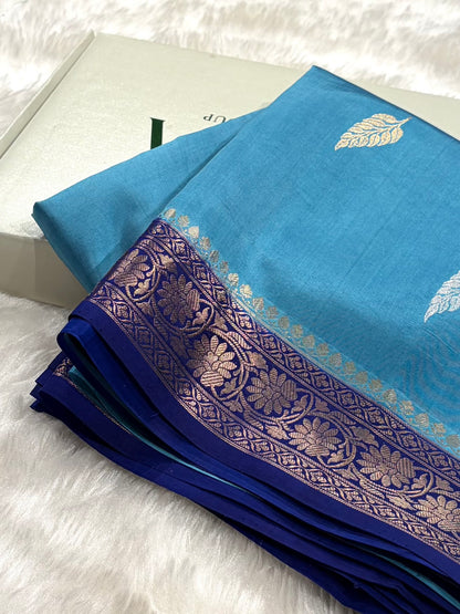 Banarasi Sky Blue With Navy Blue Contrast Shades Boota Handwoven Pure Paper Silk RM-77