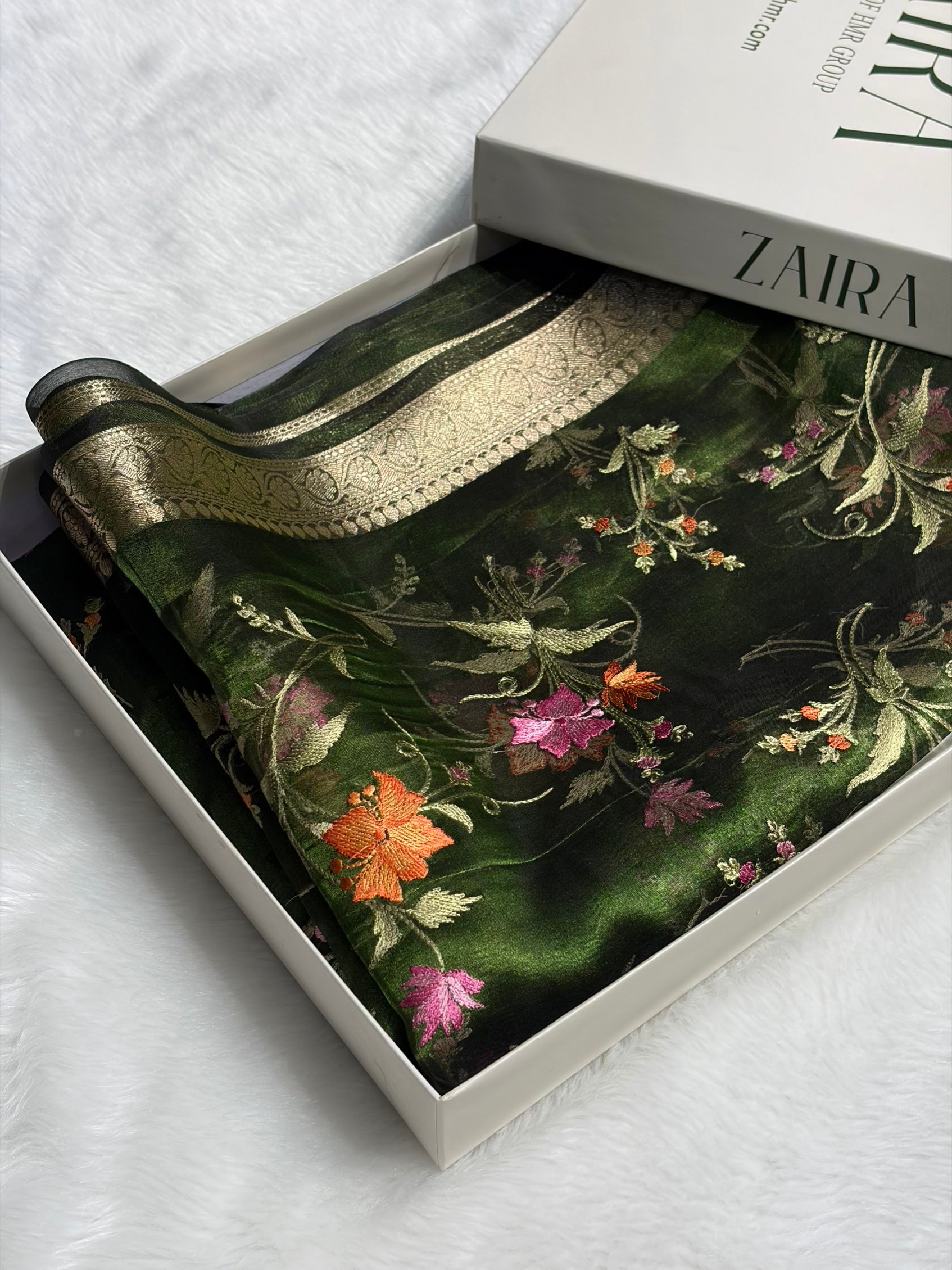 Bottle Green Shades With Floral Embroidered Pure Tissue Silk Saree with Brocade Blouse PTE-09