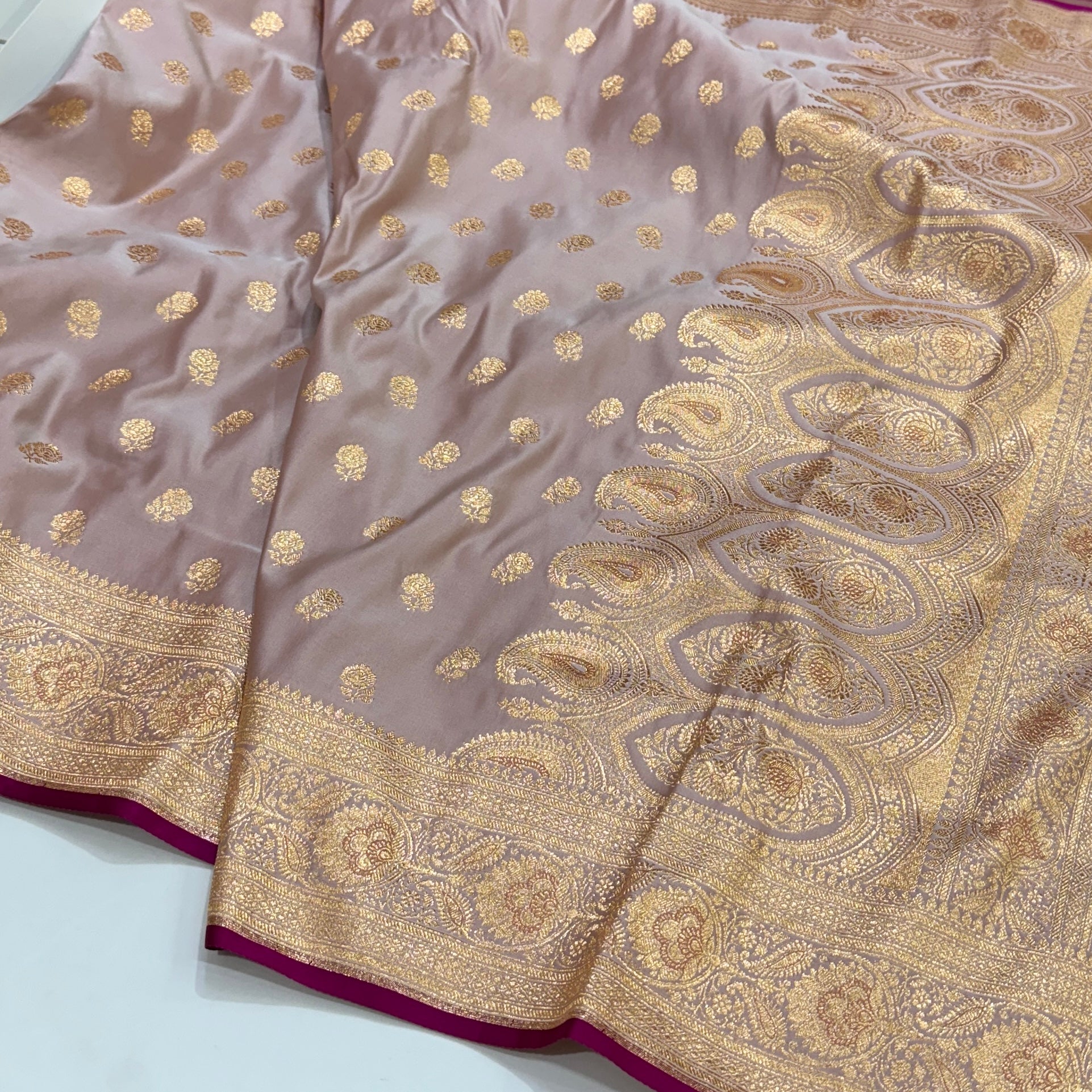 Floral boota Satin katan Silk Saree In rose gold Shades