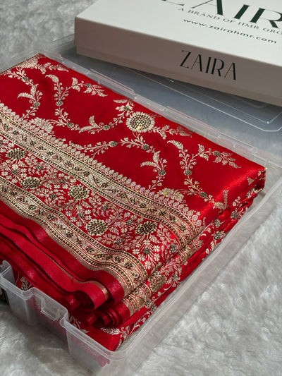 Light Weight Red Satin Silk Saree with Swarovski work BSS14